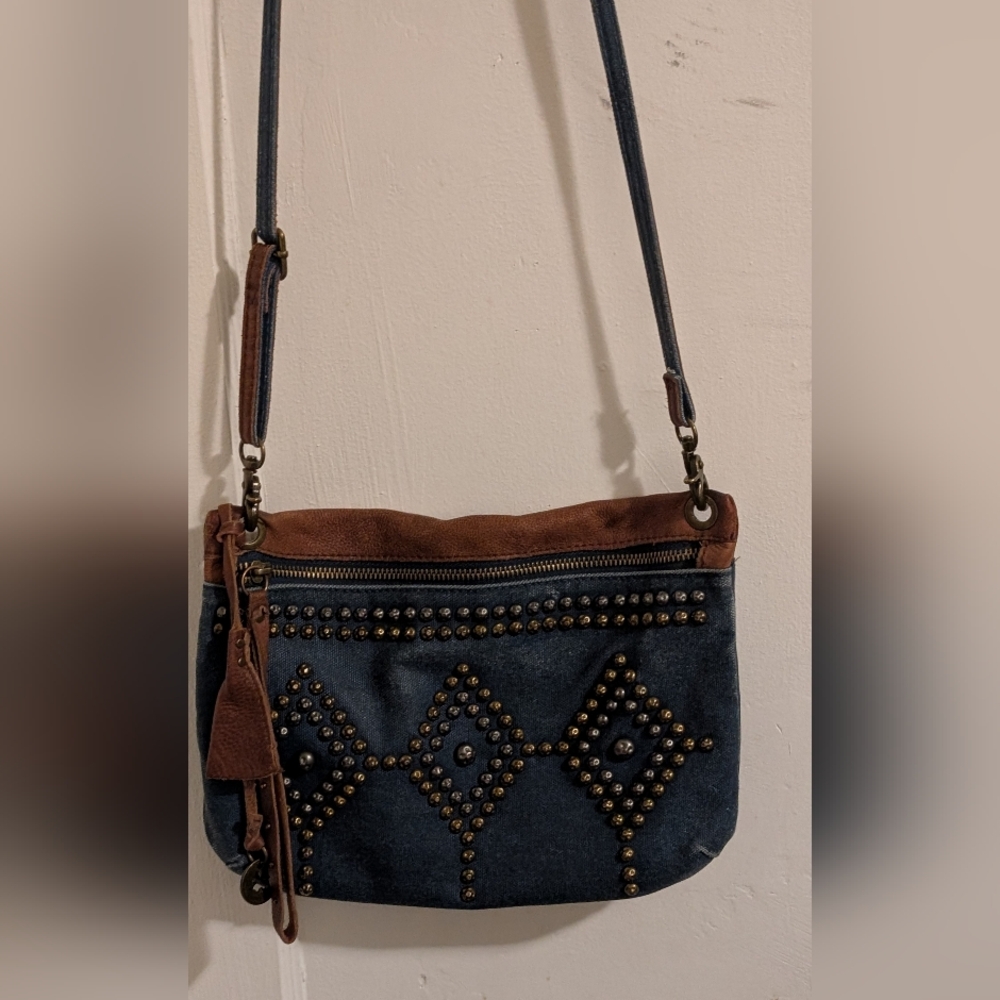 Lucky Brand Studded Denim And Leather trim Crossbody Bag
